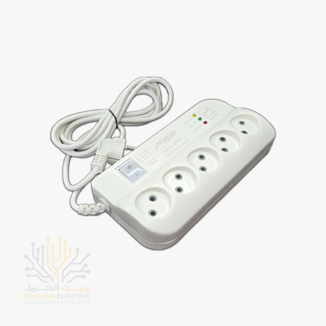 محافظ برق کامپیوتر سیار پنج خانه برند فروزش مدل FR250 بدون ارت کلید دار بدنه سفید آنالوگ 2/8 متری