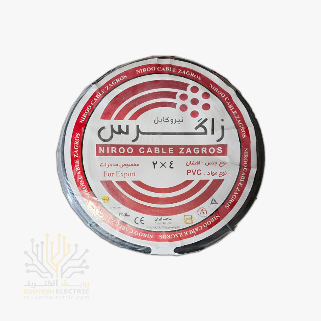 کابل برق نمره 2x4 برند نیرو کابل زاگرس استاندارد حلقه 54 متری