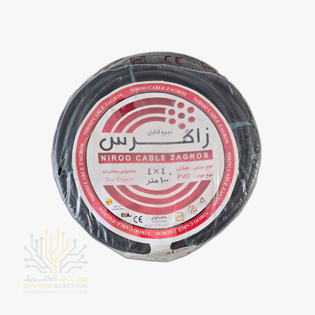 کابل برق نمره 4x4 برند نیرو کابل زاگرس استاندارد حلقه 100 متری