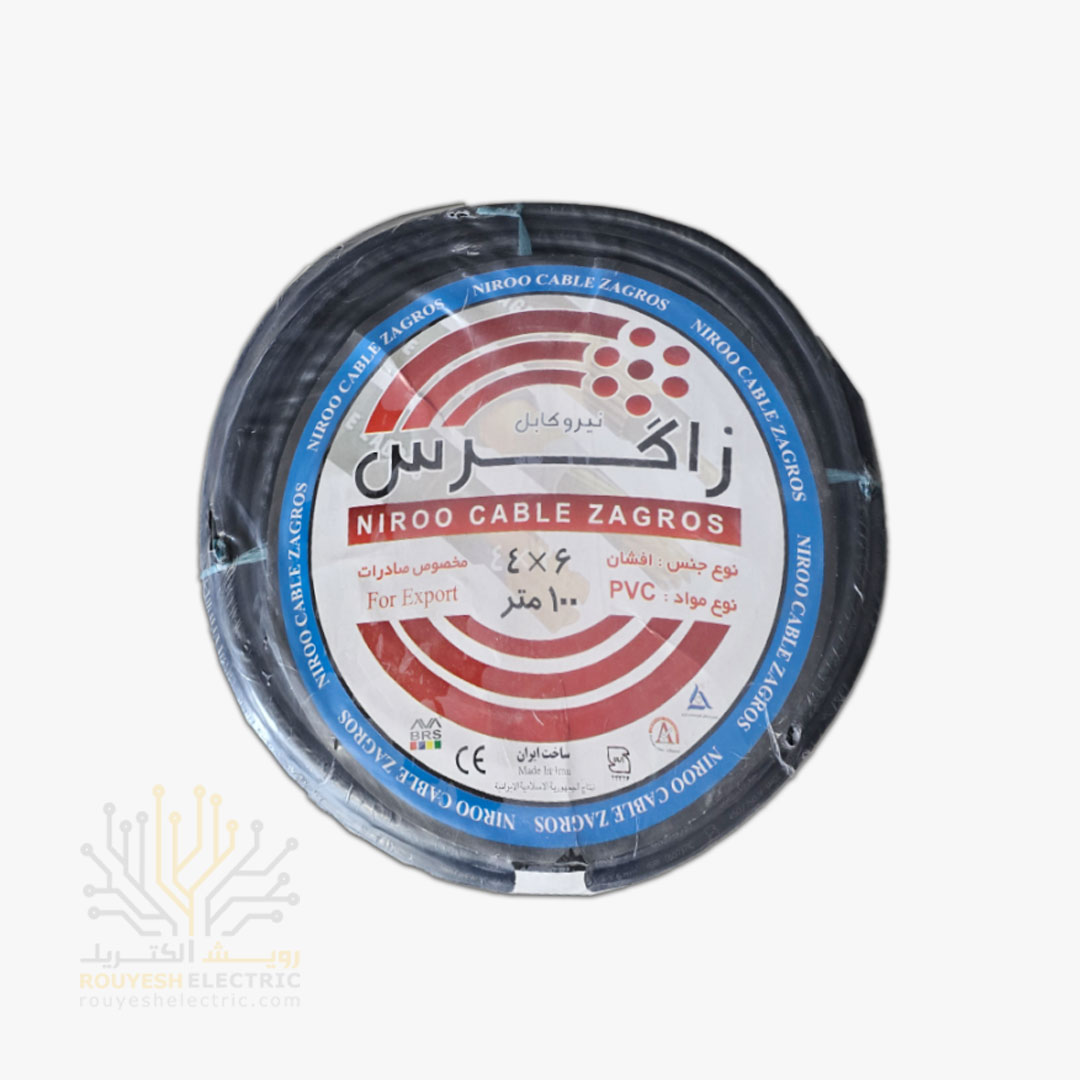 کابل برق نمره 4x6 برند نیرو کابل زاگرس استاندارد حلقه 100 متری