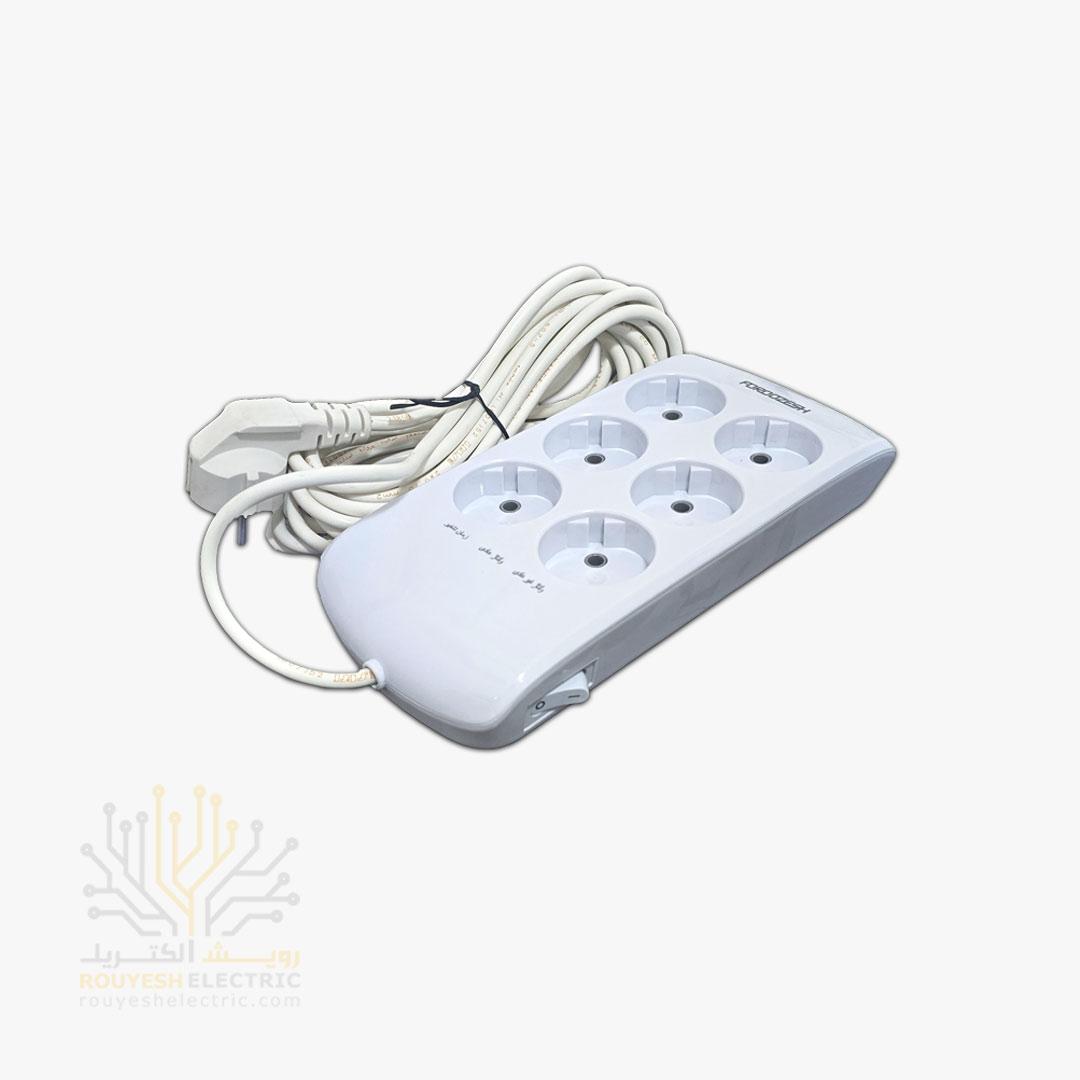 محافظ برق کامپیوتر سیار شش خانه برند فروزش مدل LT600D لوتوس بدون ارت بدون کلید بدنه سفید دیجیتال 4/8 متری