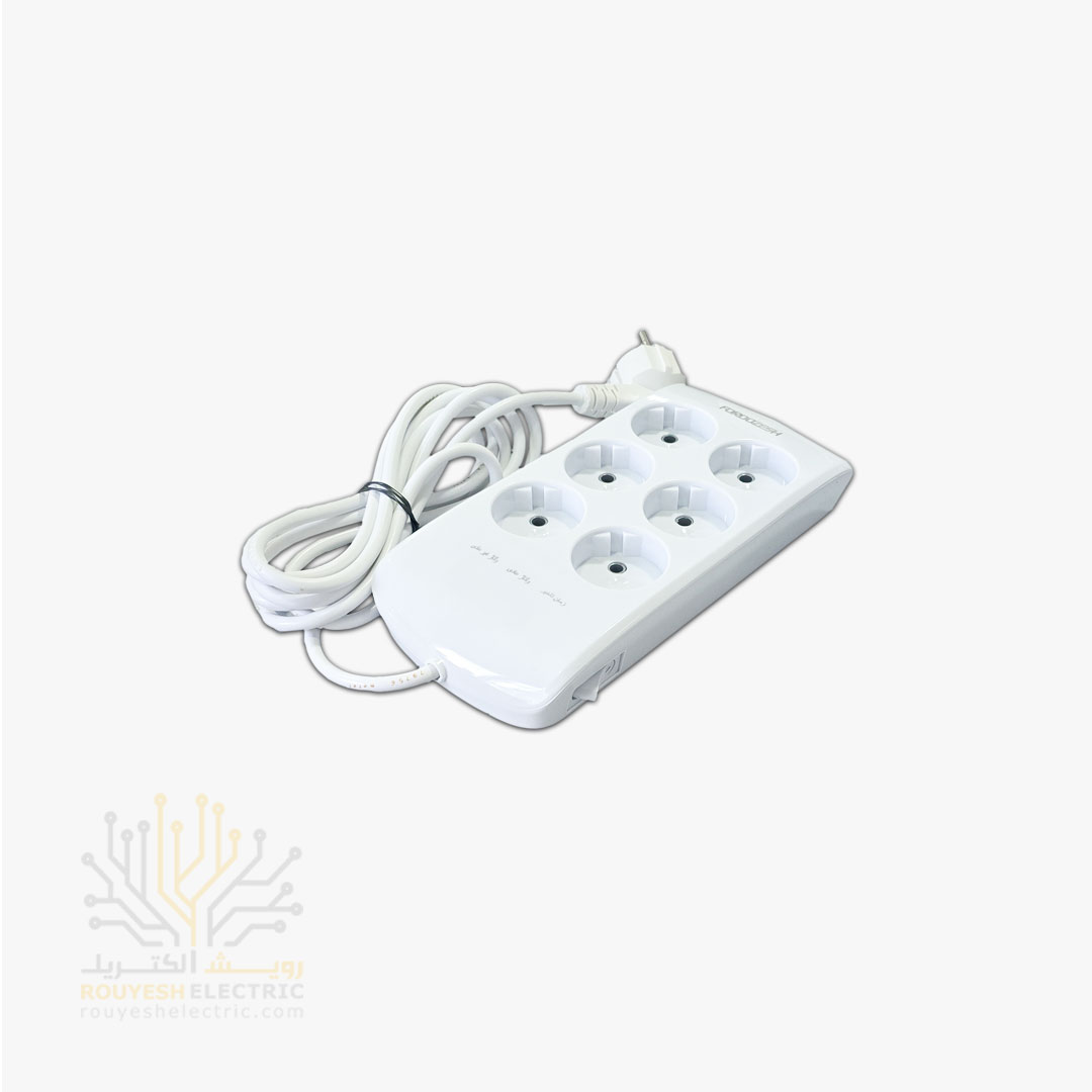 محافظ برق کامپیوتر سیار شش خانه برند فروزش مدل LT600 لوتوس بدون ارت بدون کلید بدنه سفید آنالوگ 2/8 متری