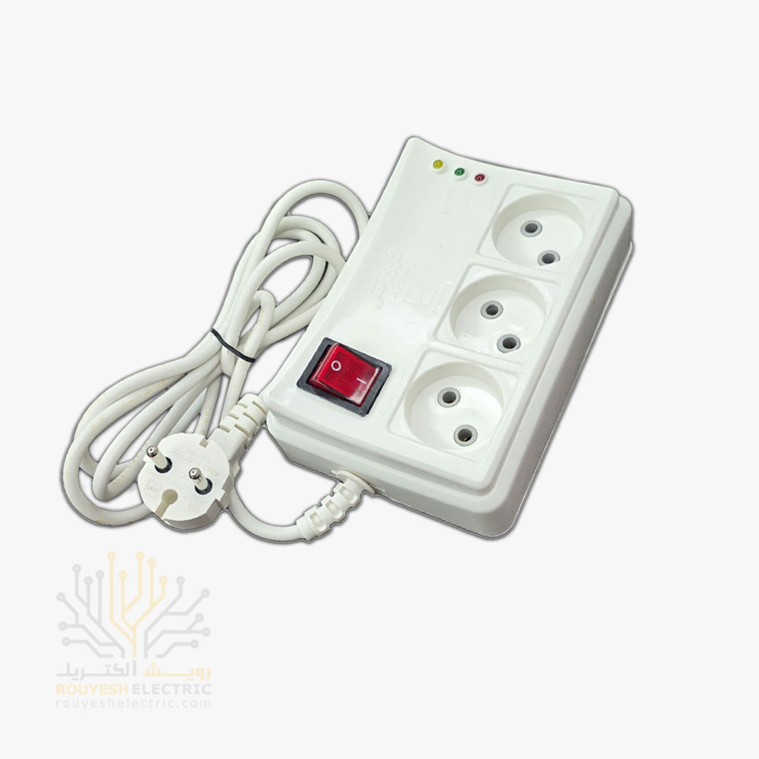 محافظ برق یخچال سیار سه خانه برند فروزش مدل FR231 بدون ارت کلید دار  بدنه سفید آنالوگ 1/8 متری